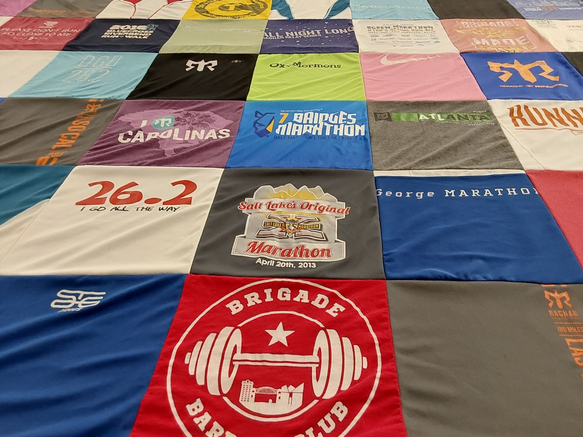 T-shirt quilt with marathons, running themes by Tamra from TN
