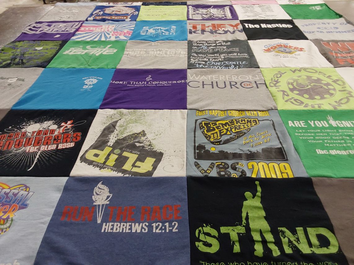 T-shirt quilt with church, youth ministry themes by Shelby from TX