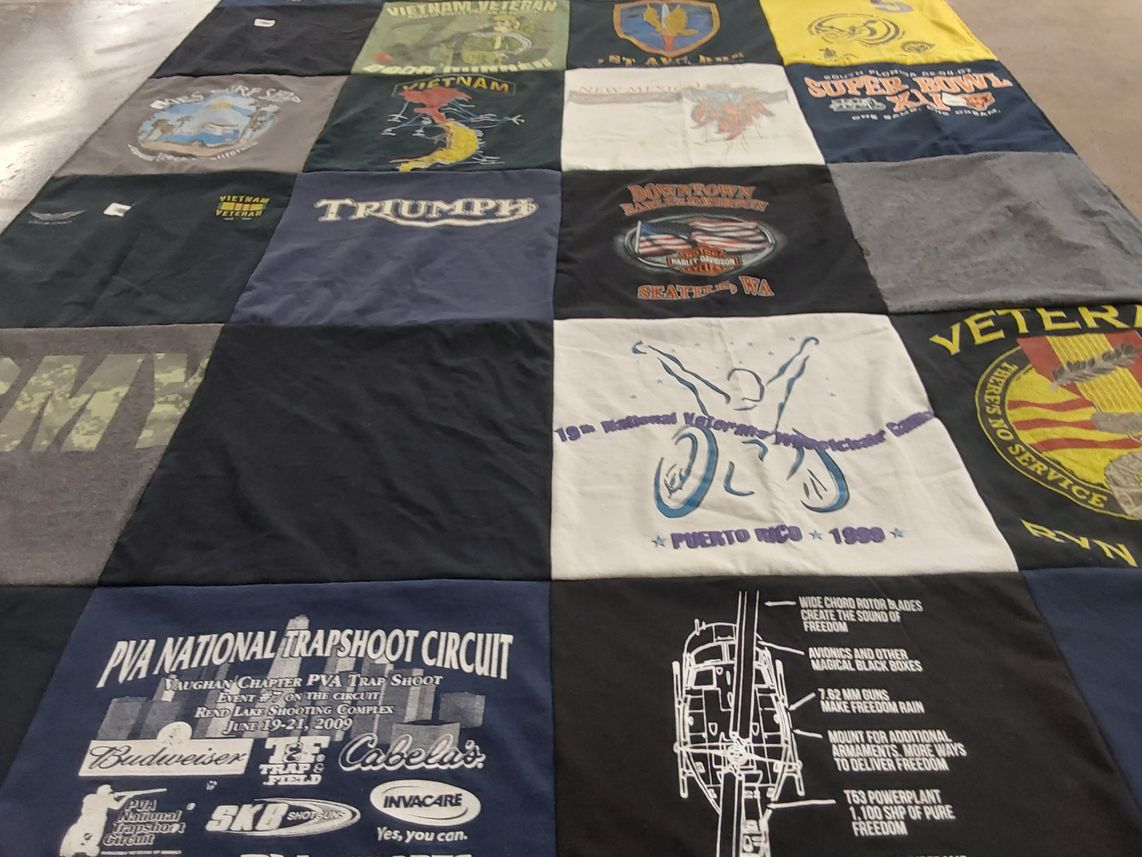 T-shirt quilt with military, veterans themes by Cindy from IA