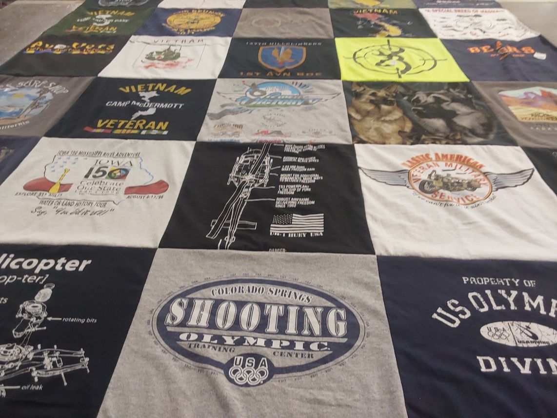 T-shirt quilt with military, veterans themes by Cindy from IA
