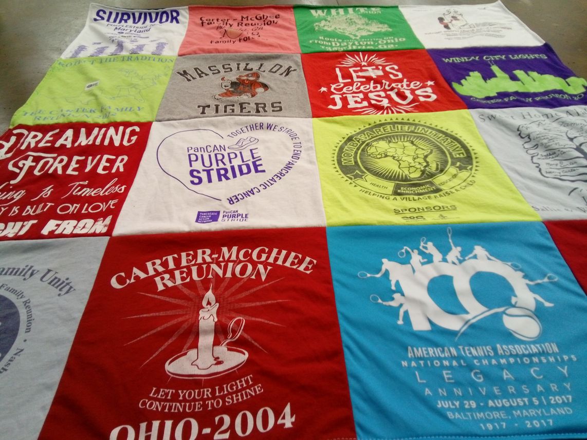 T-shirt quilt with family, health themes by Joan from MD