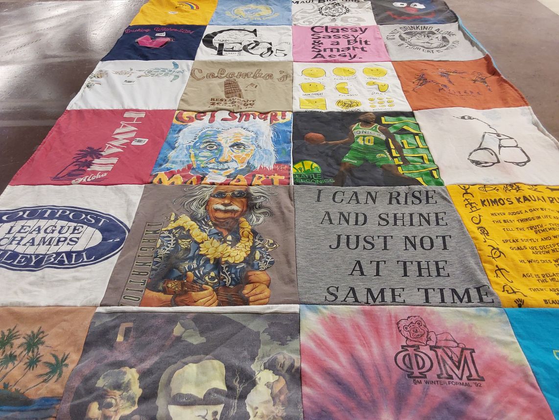 T-shirt quilt with basketball, volleyball themes by Tracy from CA