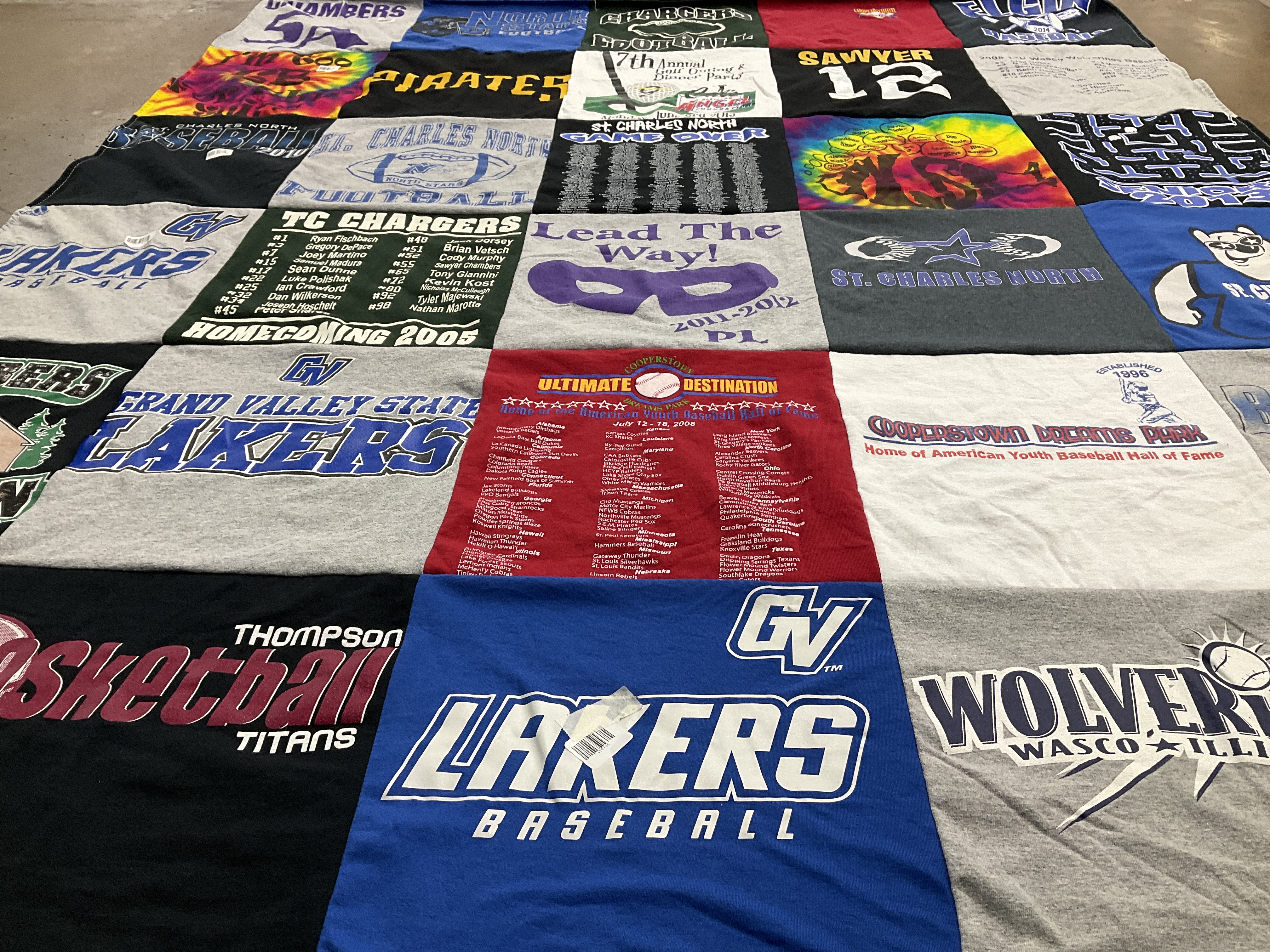 T-shirt quilt featuring grand valley state university lakers, thompson titans by Jodi from IL