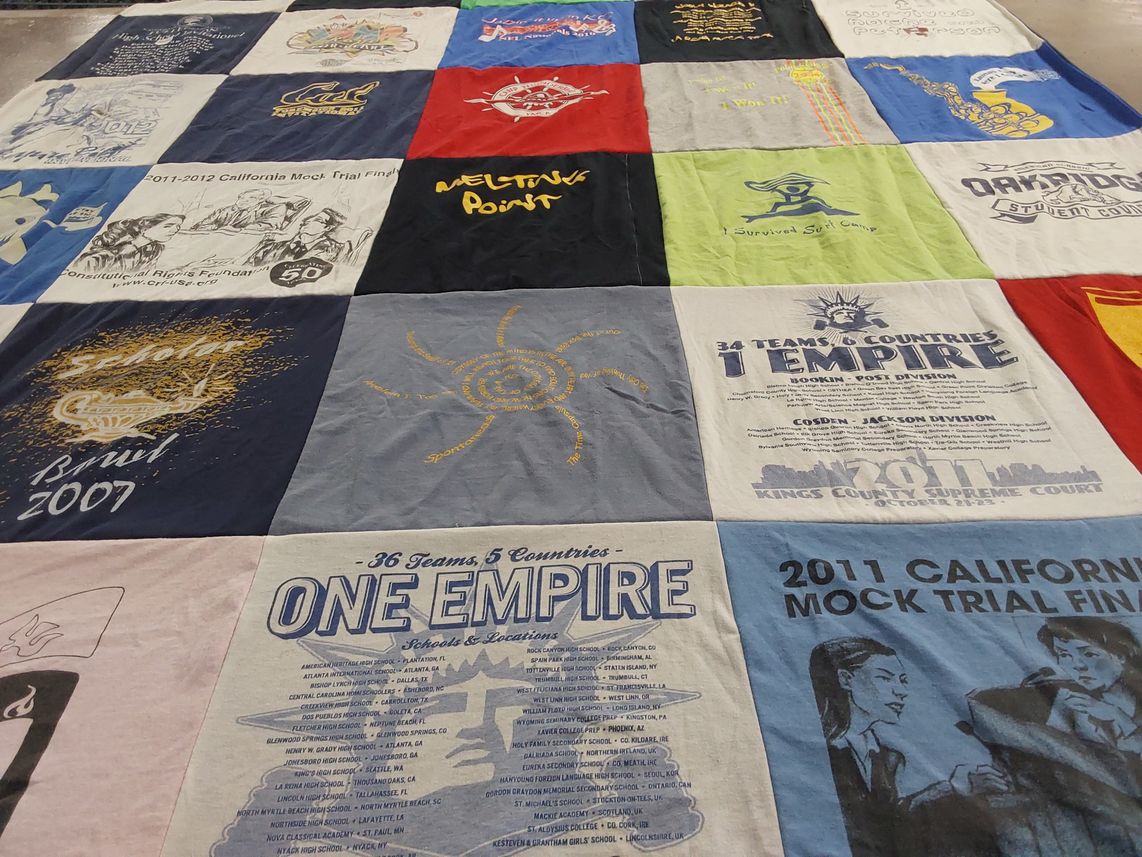 T-shirt quilt with mock trials, sports themes by Rachel from DC