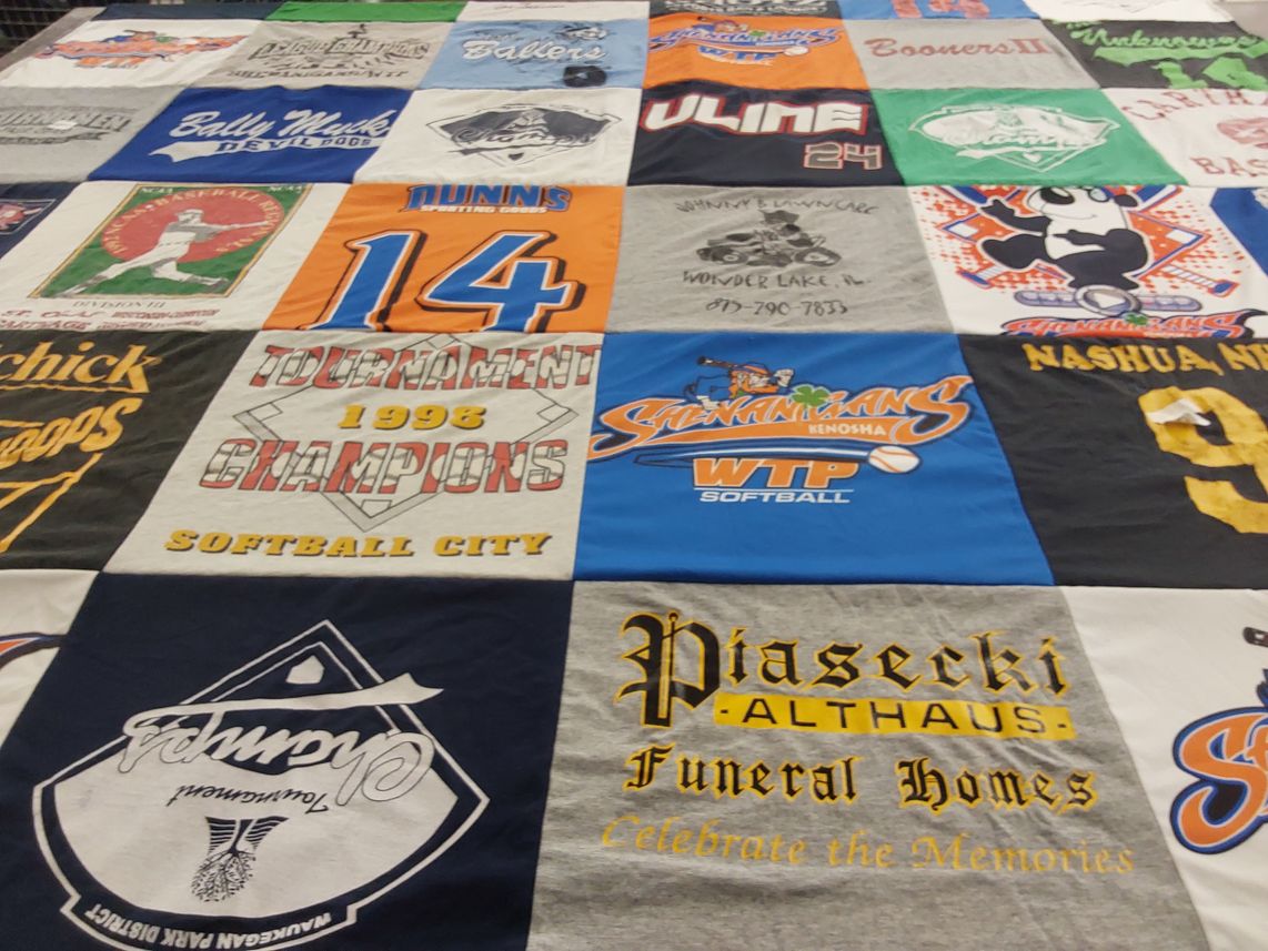 T-shirt quilt featuring shenanigans soyball, dunns sporting goods by Kate from IL