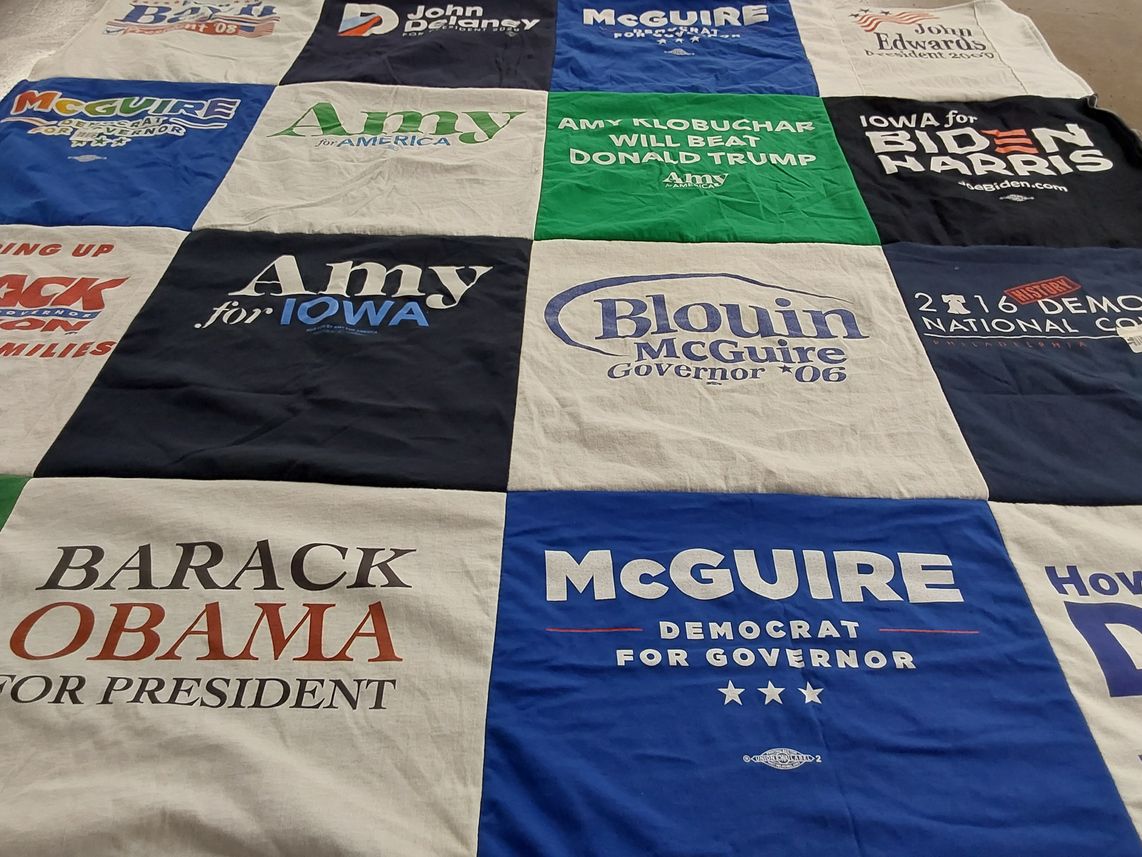 T-shirt quilt with politics, campaigning themes by Andrea from IA
