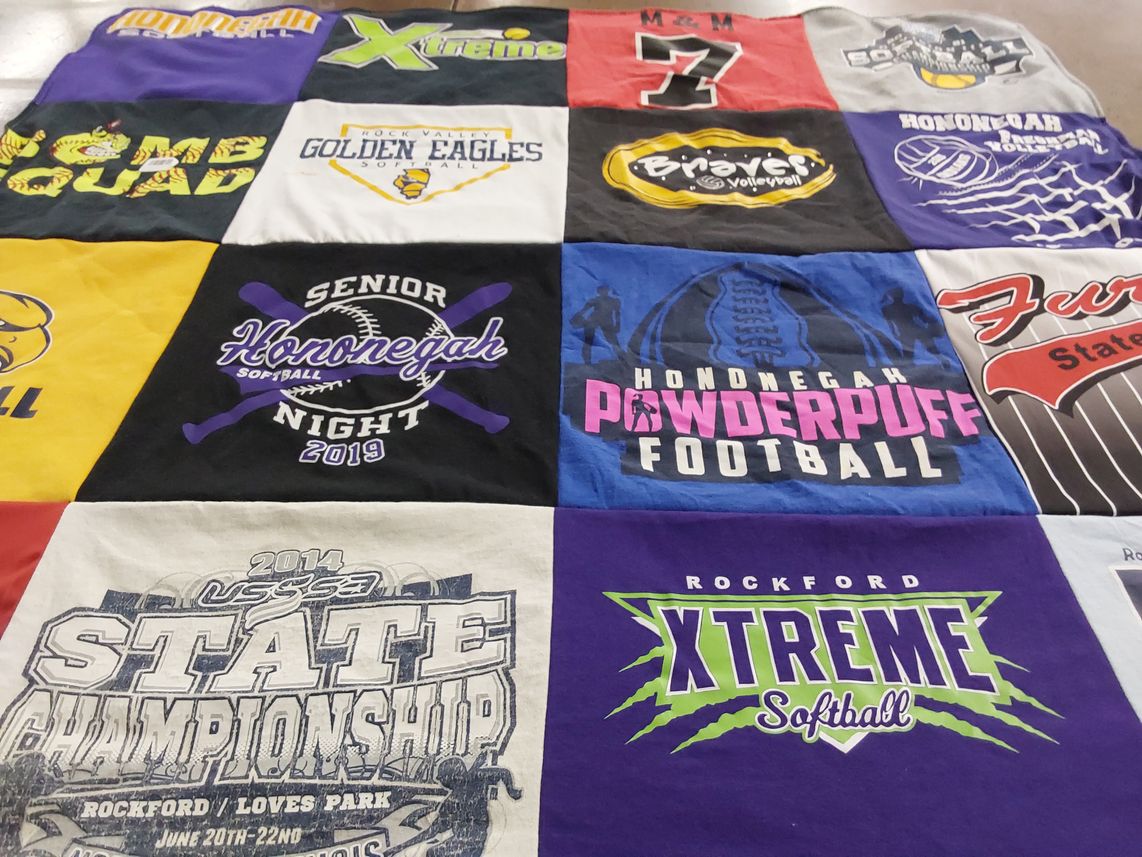 T-shirt quilt featuring rockford xtreme softball, hononegah powderpuff football by Paula from IL