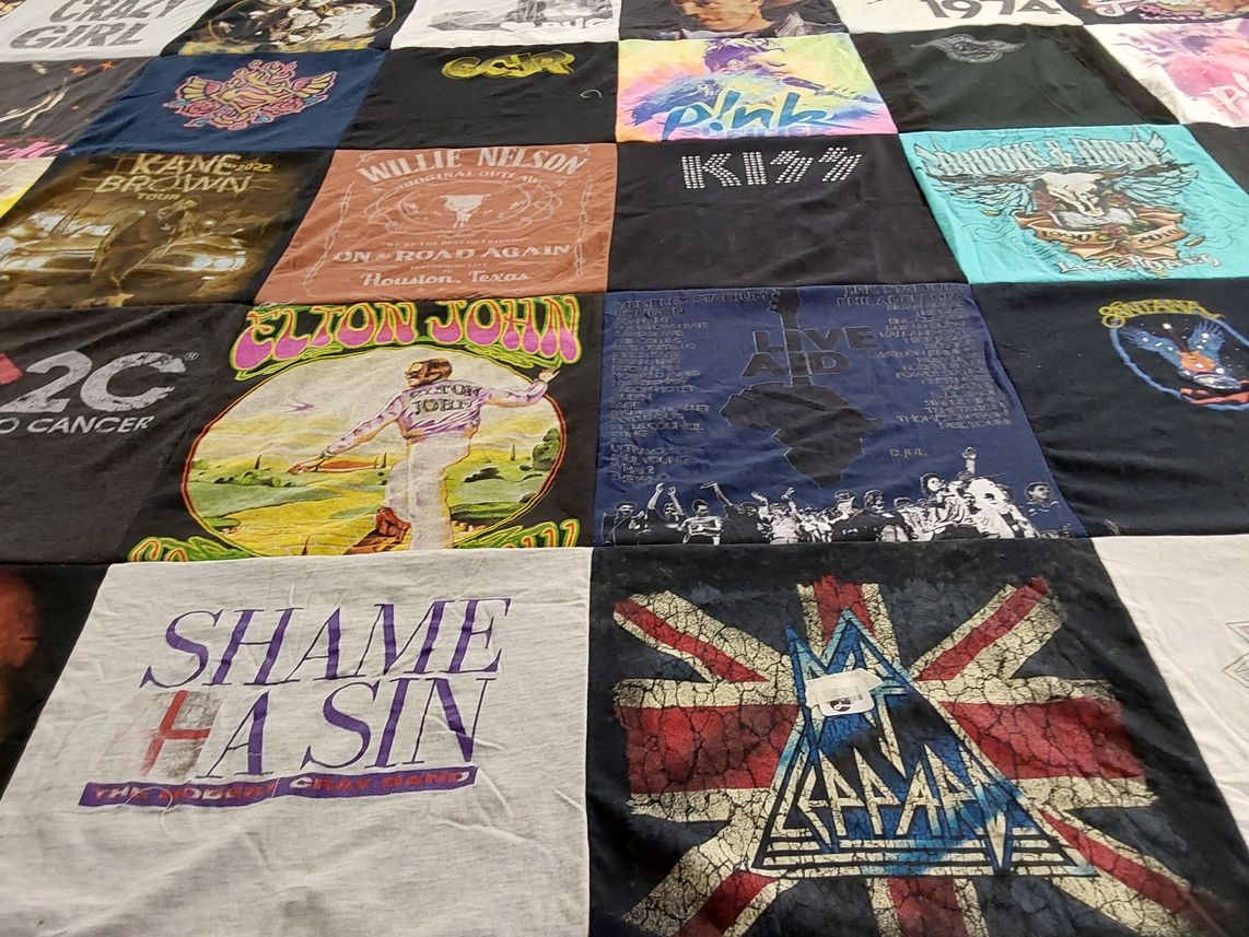 T-shirt quilt with music, concerts themes by Mary from MT
