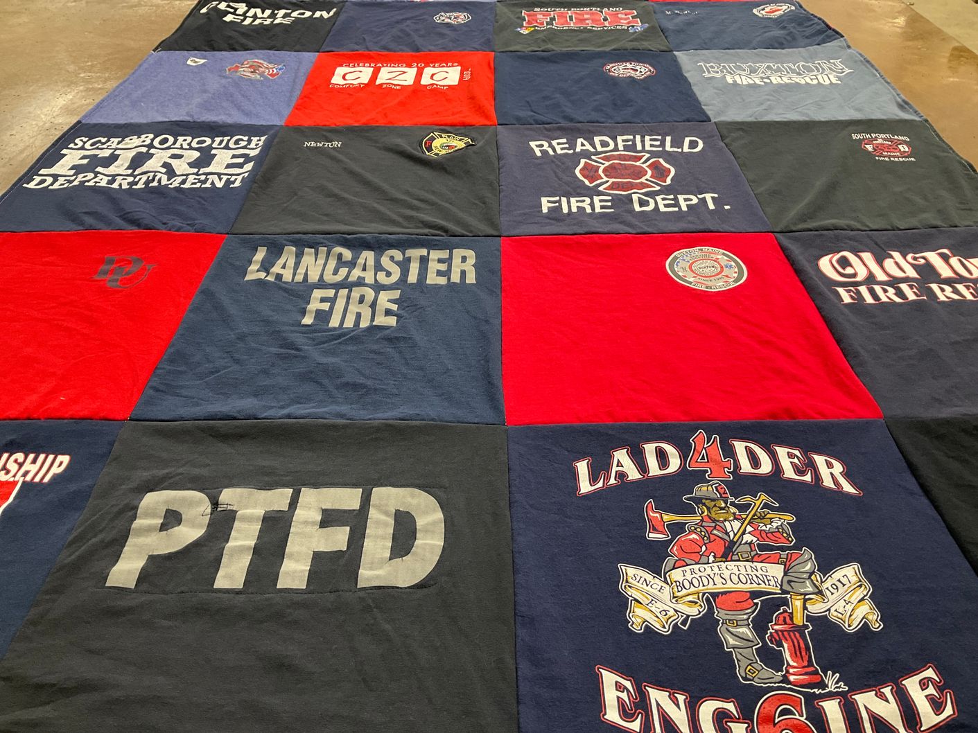 T-shirt quilt with firefighting themes by Maxwell from ME