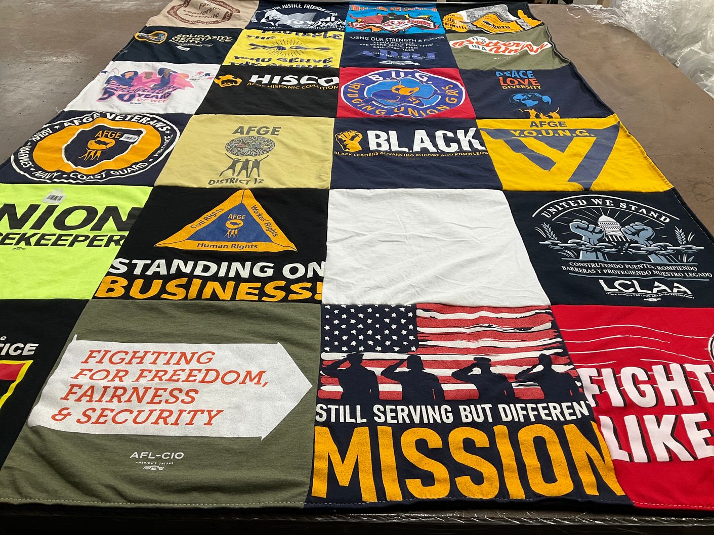 T-shirt quilt with labor rights, civil rights themes by Kameron from DC