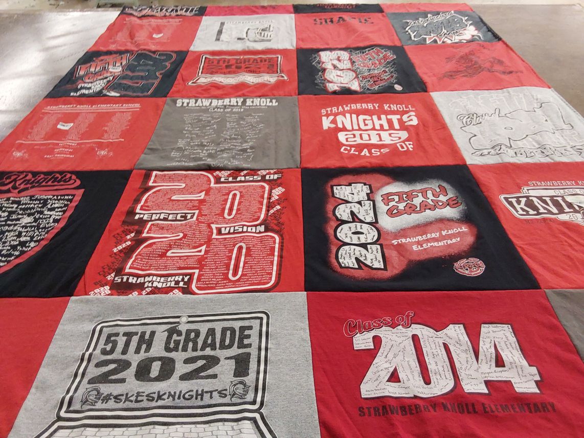 T-shirt quilt featuring strawberry knoll knights by Sandra from MD