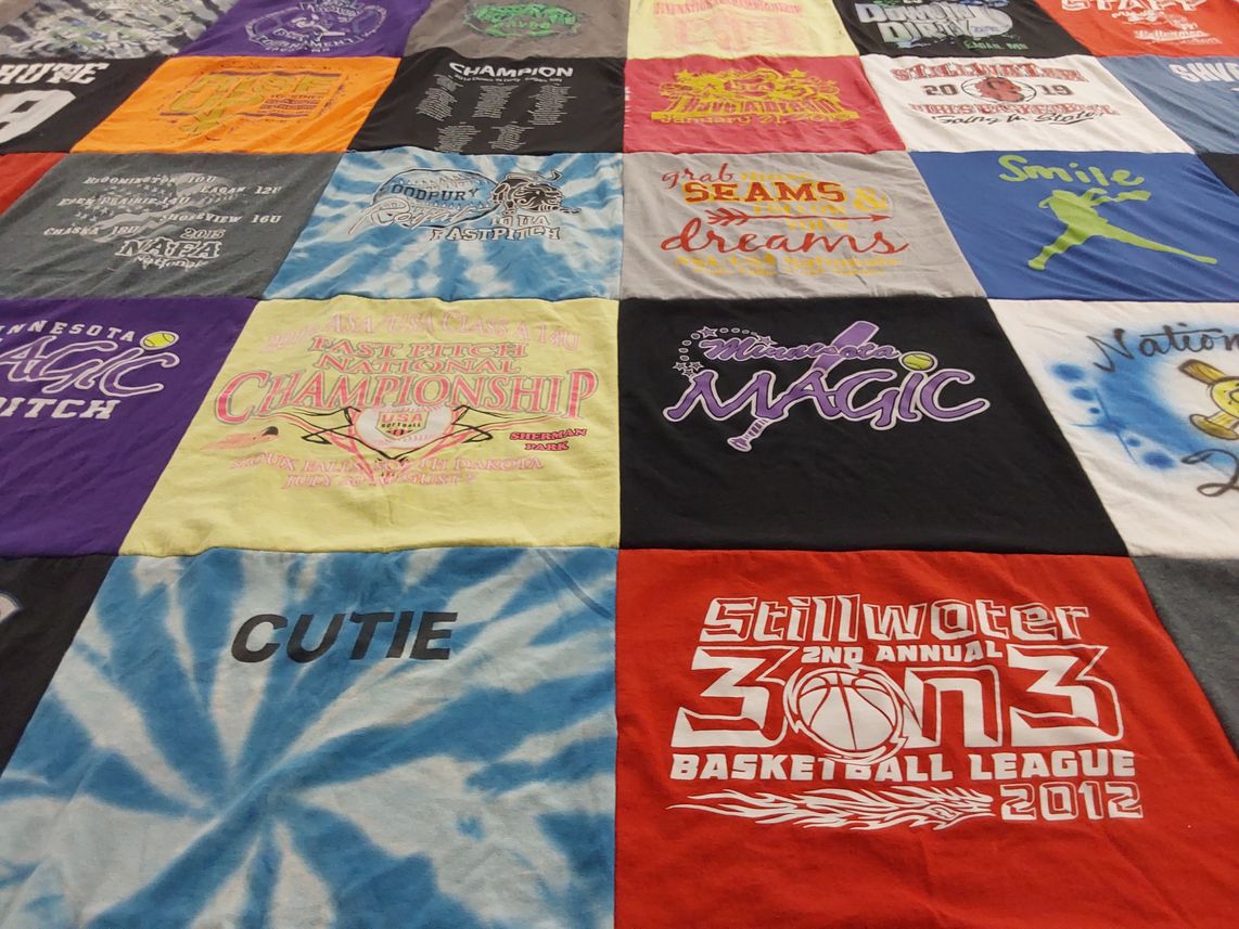 T-shirt quilt with softball, basketball themes by Tina from MN