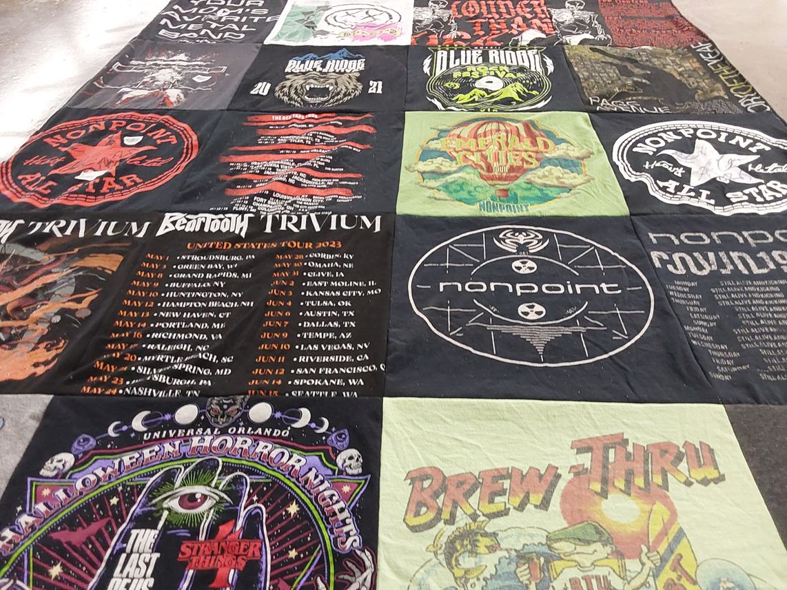 T-shirt quilt with music, concerts themes by Emily from VA