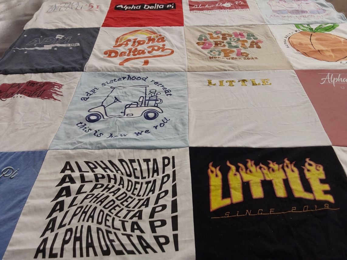 T-shirt quilt with sisterhood, fraternity themes by Suzanne from WA