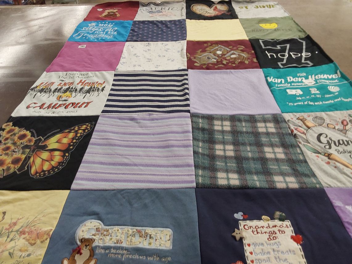 T-shirt quilt with family, outdoor activities themes by Trudi from MN