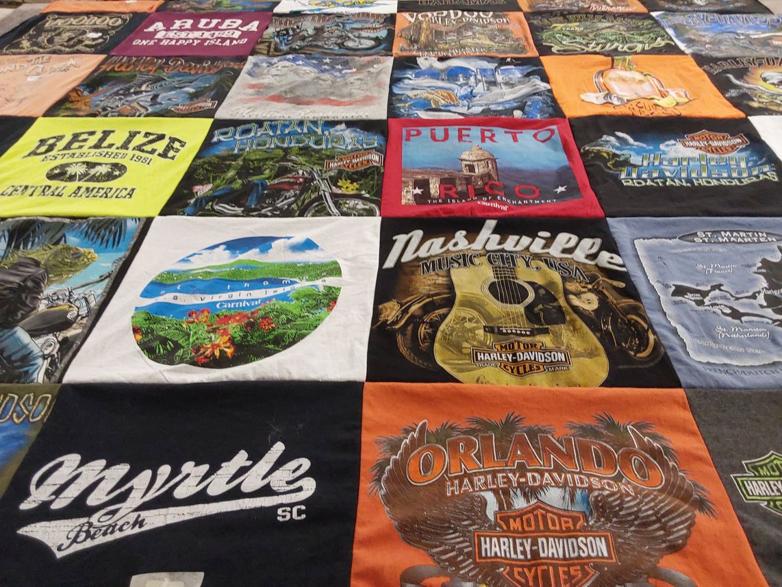 T-shirt quilt with travel, motorcycles themes by Pam from WI
