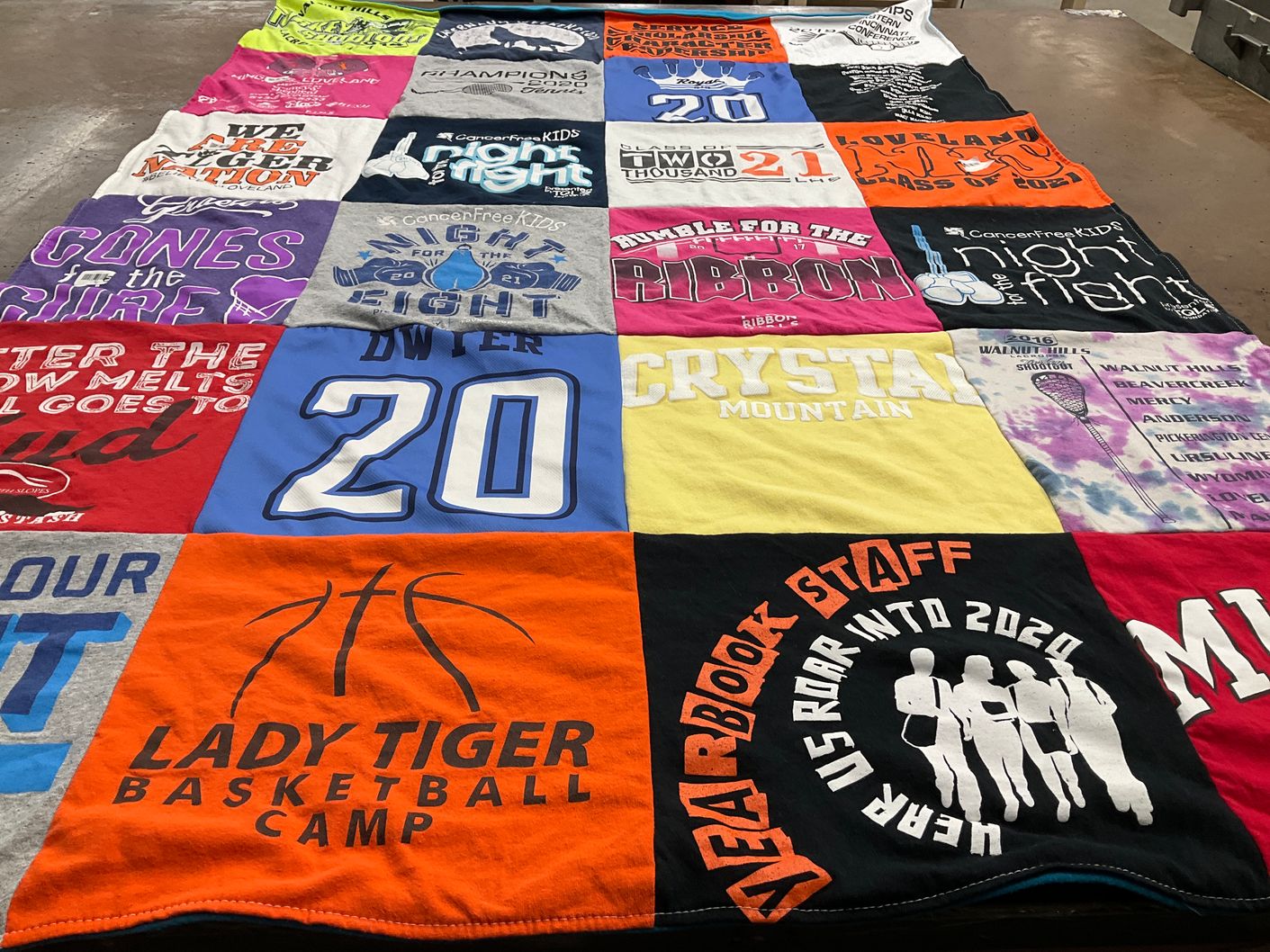 T-shirt quilt with basketball, cancer awareness themes by CATHERINE from OH