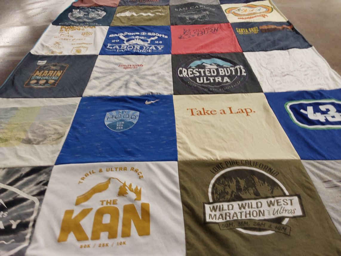 T-shirt quilt with ultra running, trail running themes by Madison from CA