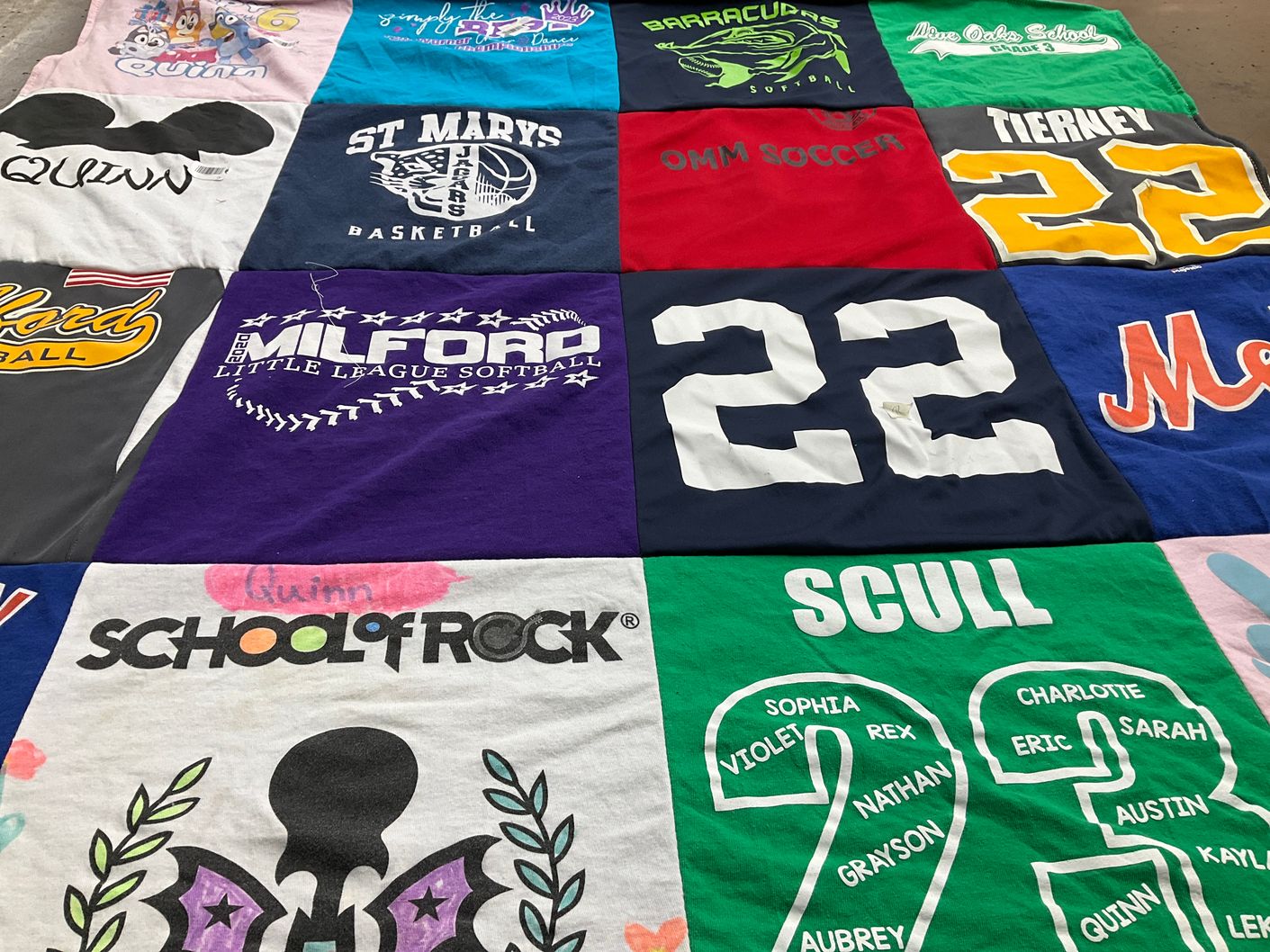 T-shirt quilt featuring st marys basketball, barracudas softball by Diane from CT