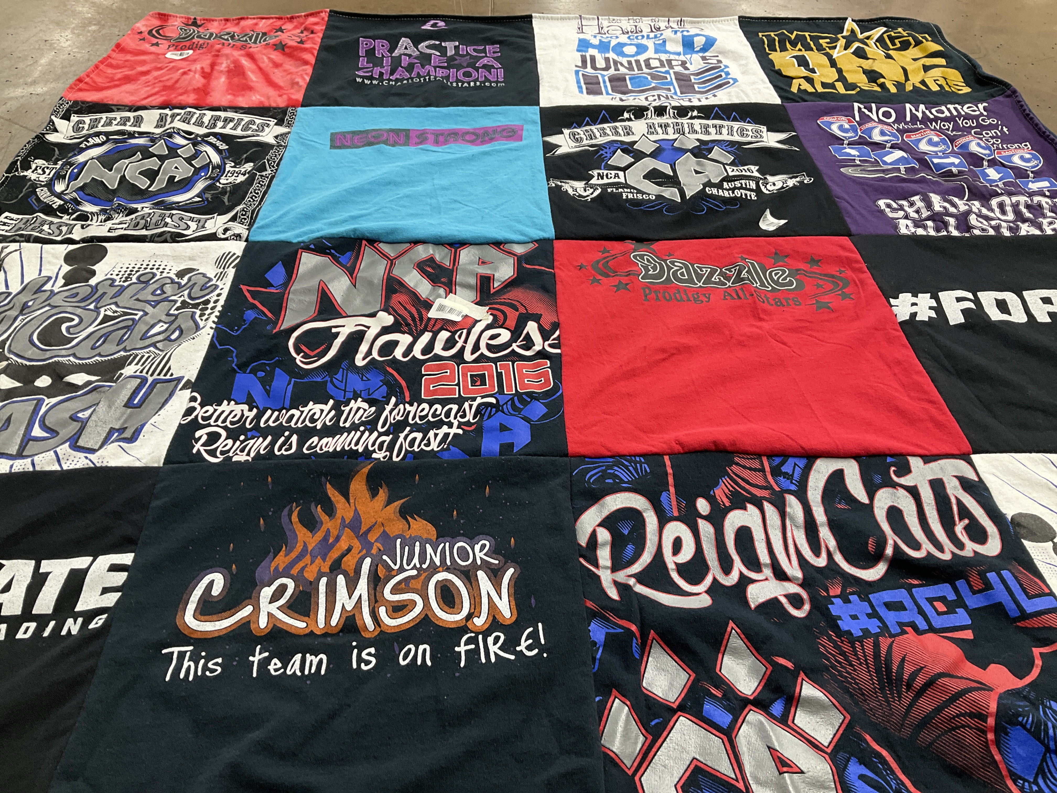 T-shirt quilt featuring junior crimson, reign cats by Antinetta from NC