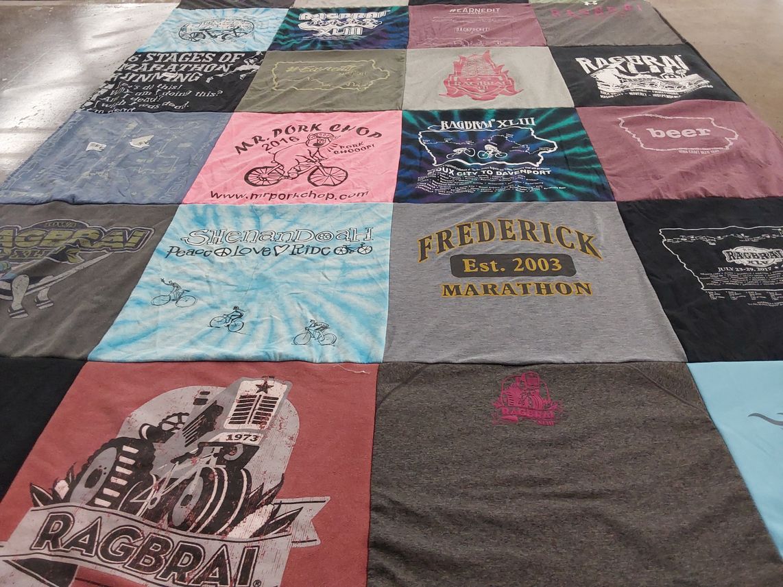 T-shirt quilt with cycling, marathons themes by Stacey from MD