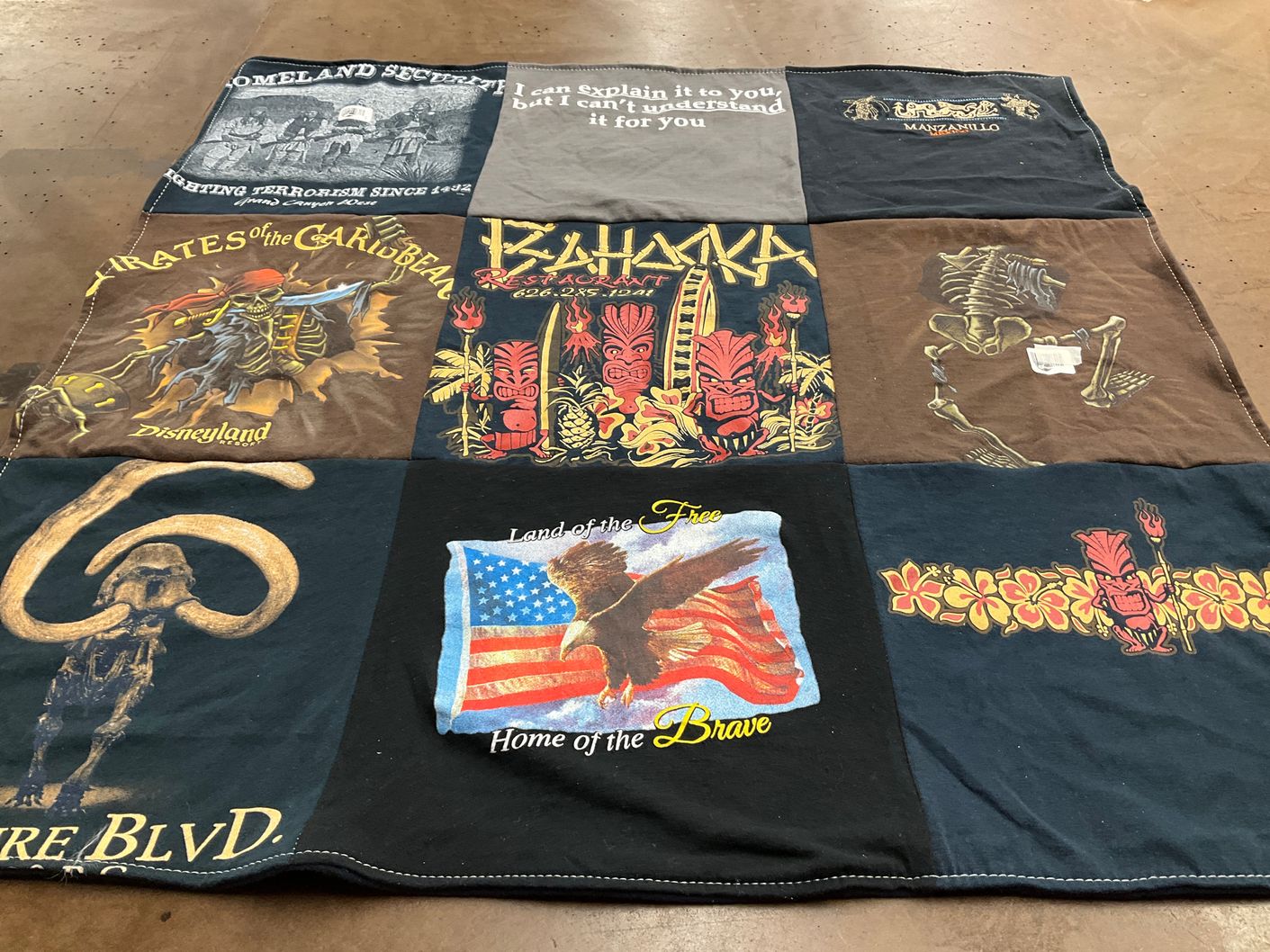 T-shirt quilt with travel, disney themes by Ilia from CA