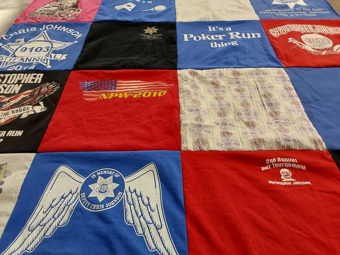 T-shirt quilt with poker, golf themes by Sheila from SD