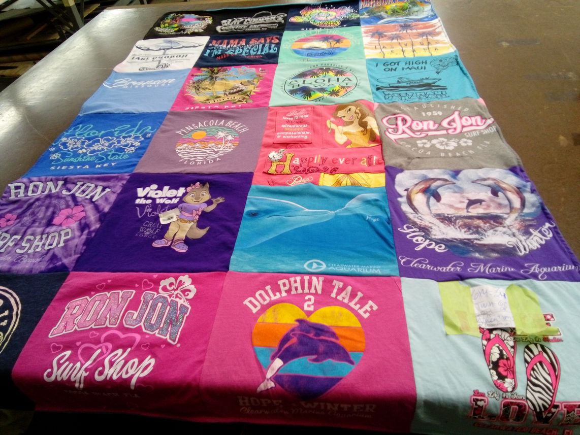 T-shirt quilt with beach, surfing themes by Brenda from NE