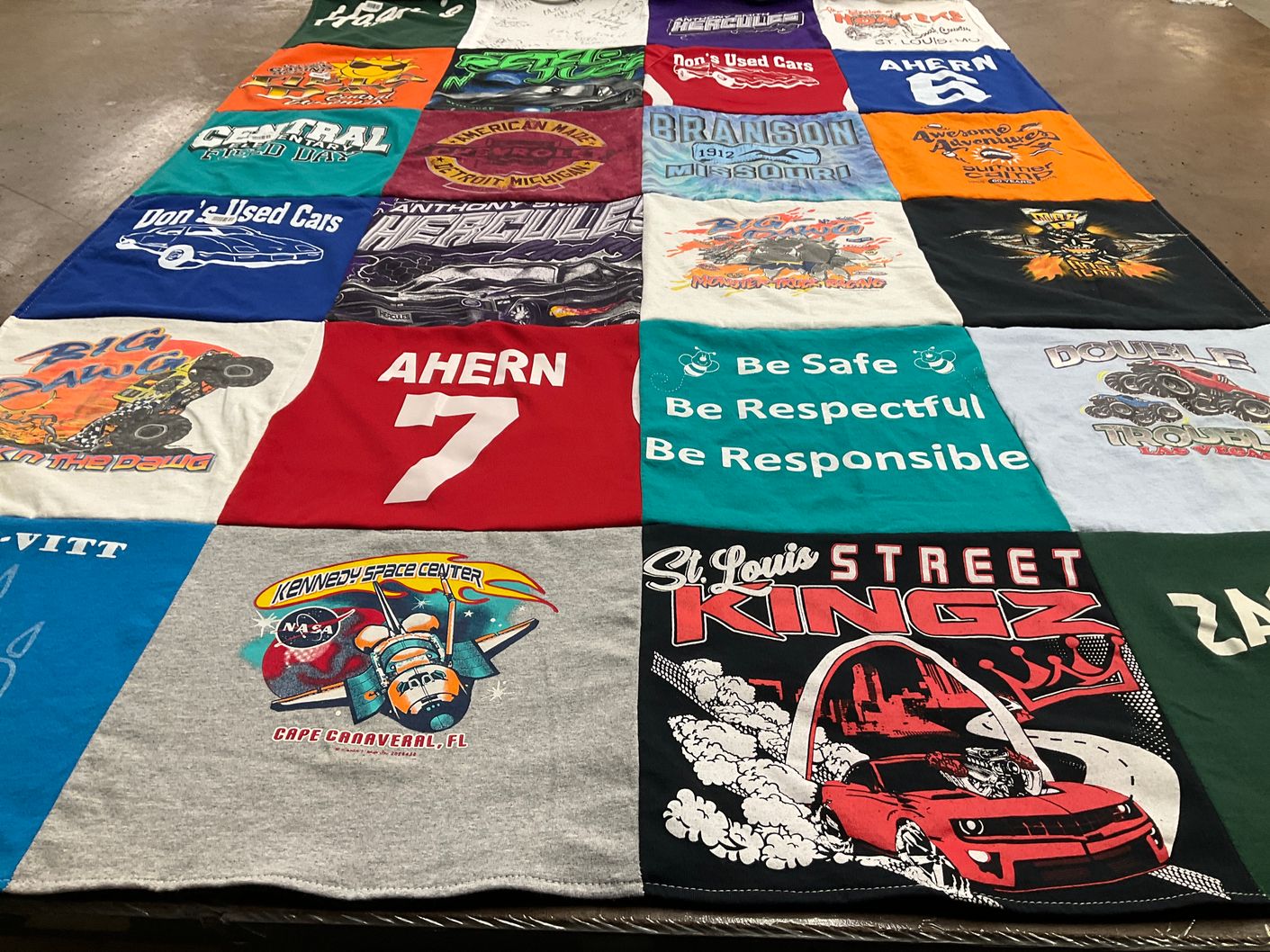 T-shirt quilt with cars, motorsports themes by Stephanie from MO