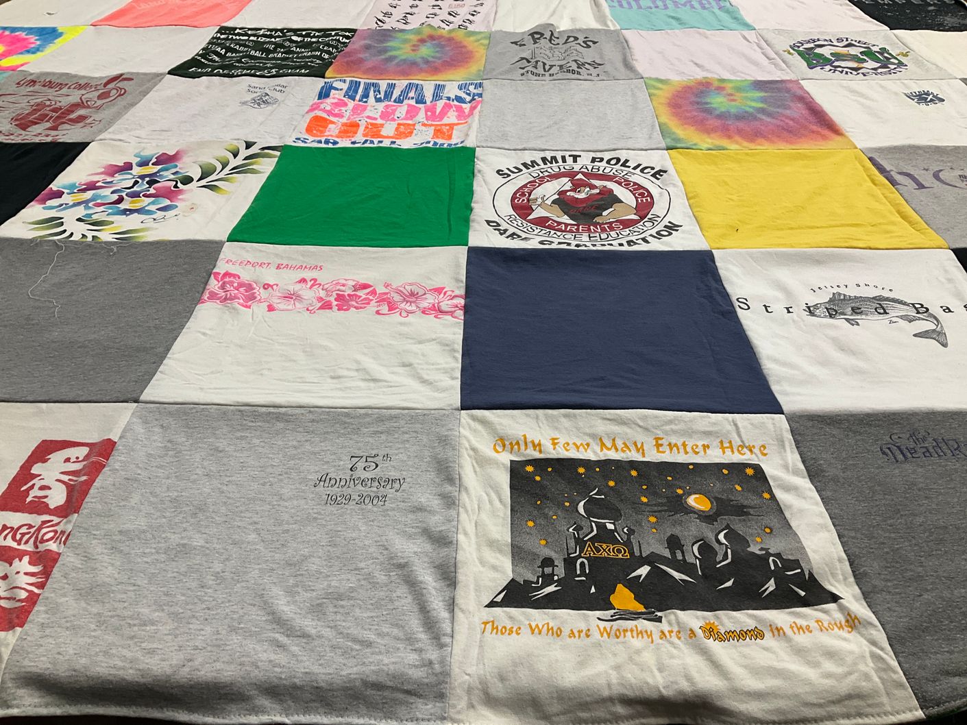 T-shirt quilt with beach activities, law enforcement themes by A from NJ
