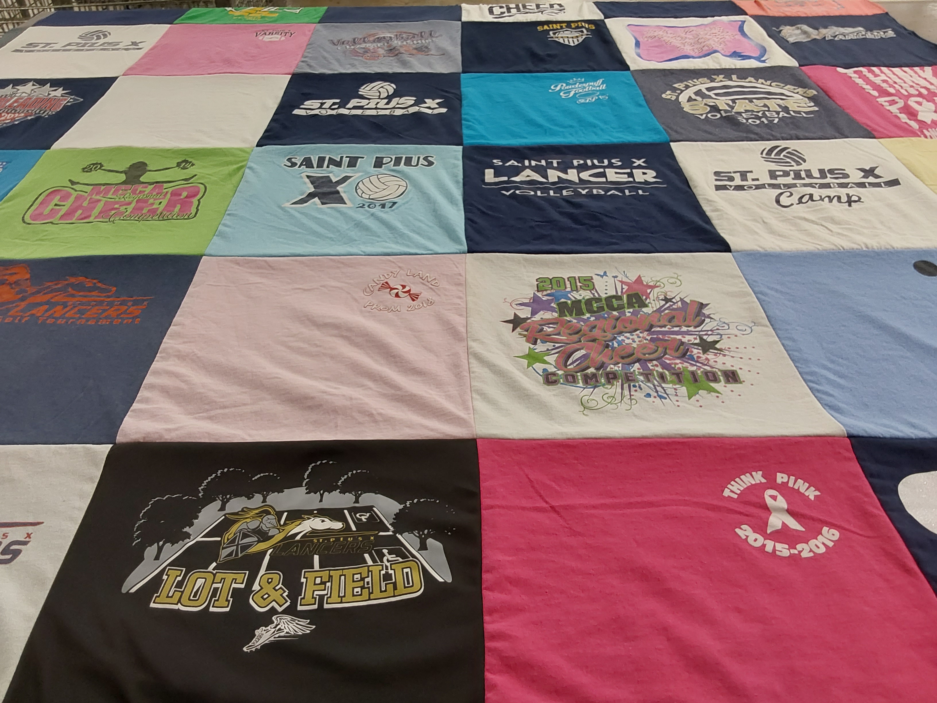 T-shirt quilt from purdue university, st pius x high school by Terri from MO