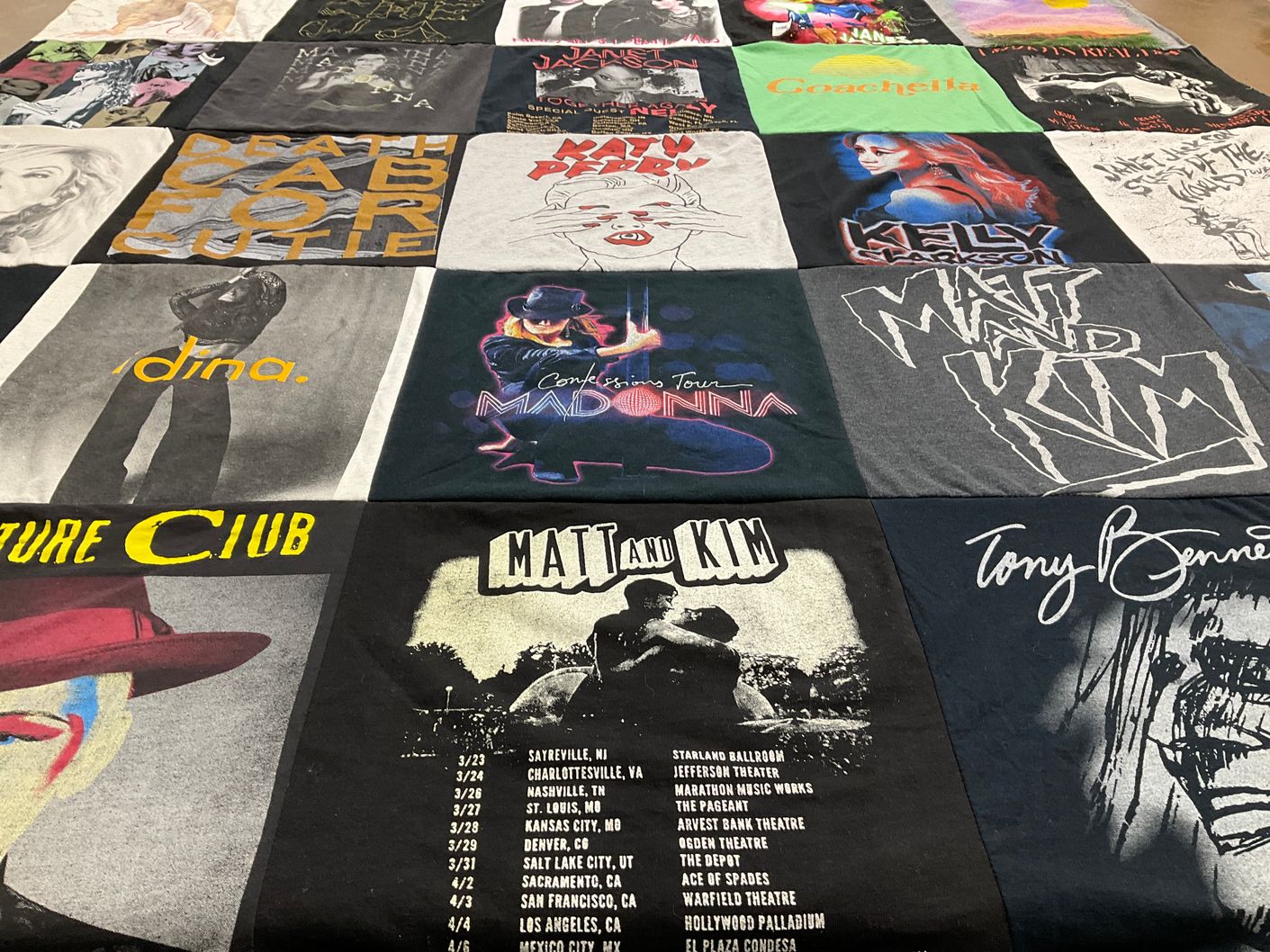 T-shirt quilt with music, concerts themes by Raymond from CA