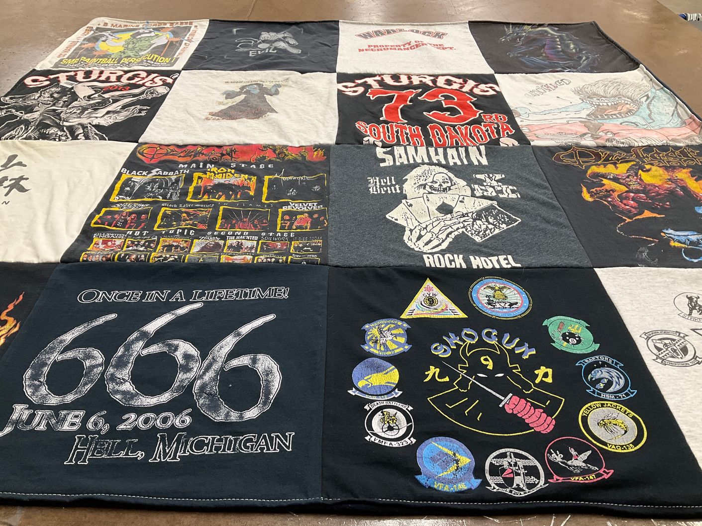 T-shirt quilt with motorcycles, rock music themes by Jacqueline from MI