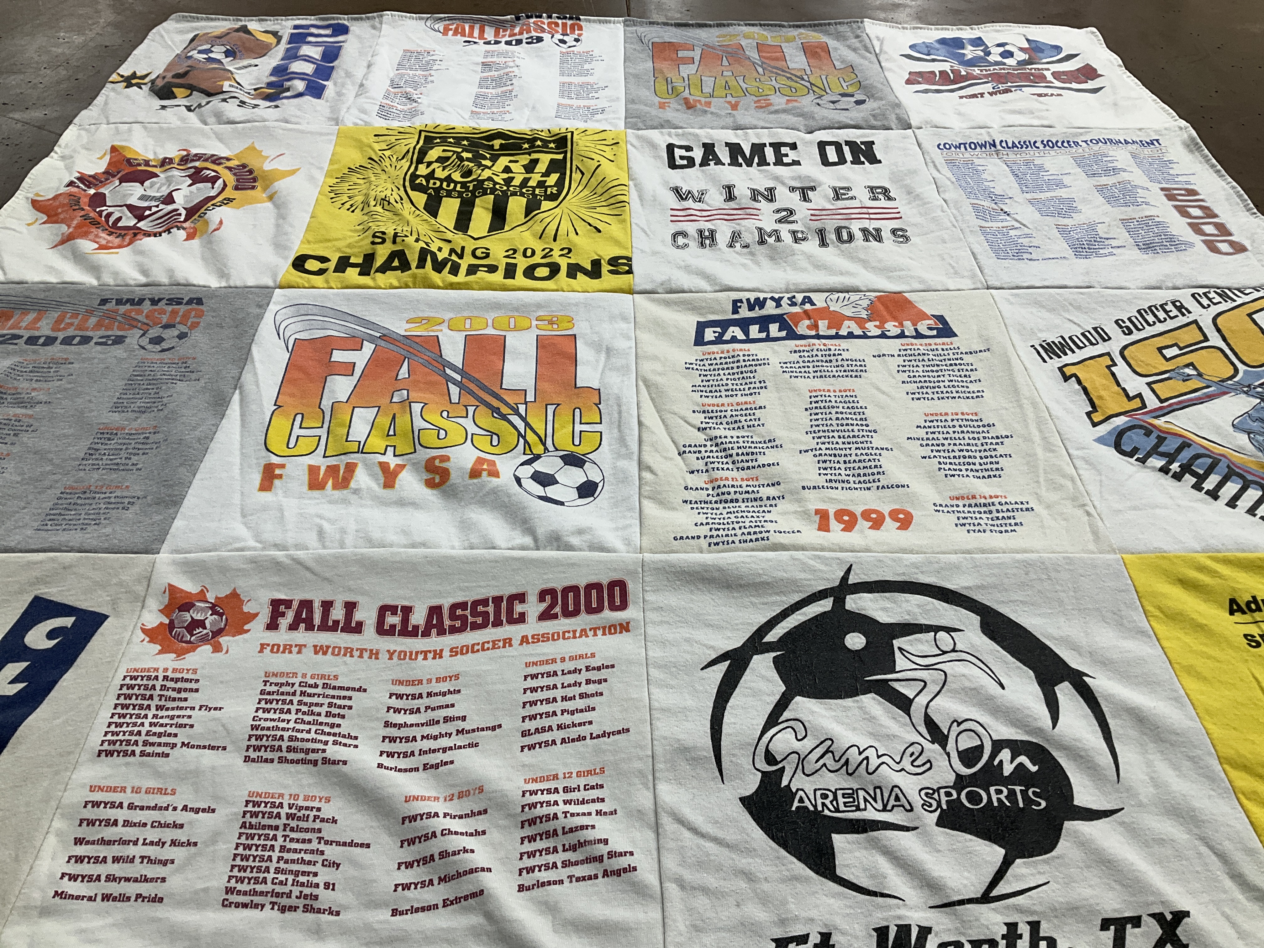 T-shirt quilt with soccer, sports themes by Curlee from TX