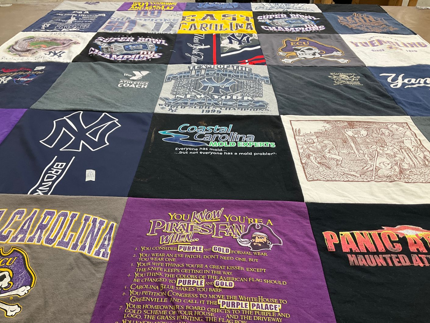 T-shirt quilt featuring new york yankees, eastern carolina university pirates by Taylor from NC