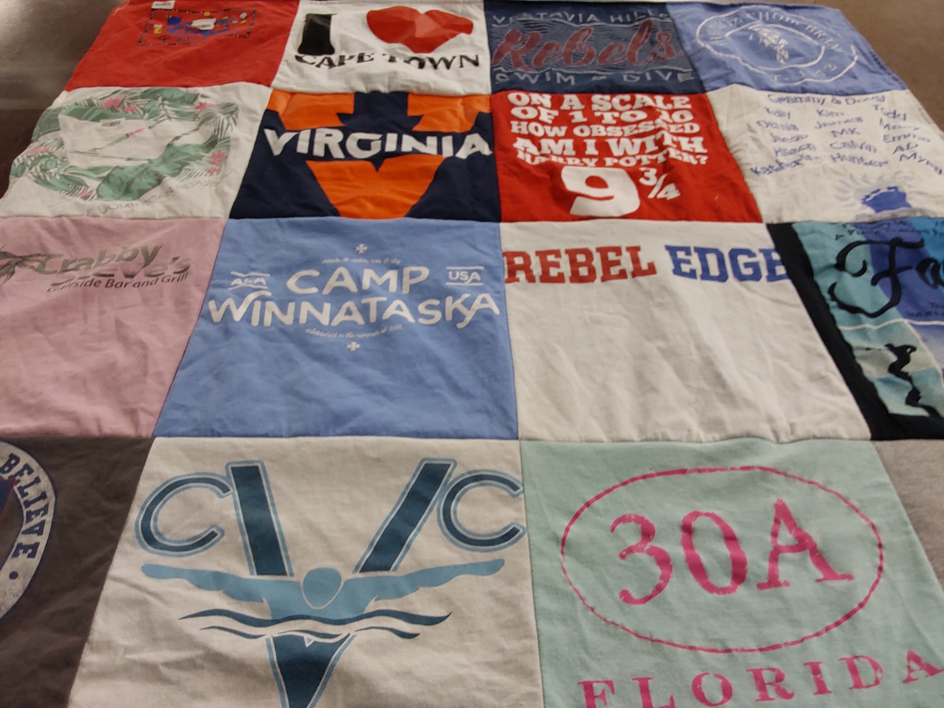 T-shirt quilt with swimming, camping themes by Mary from AL