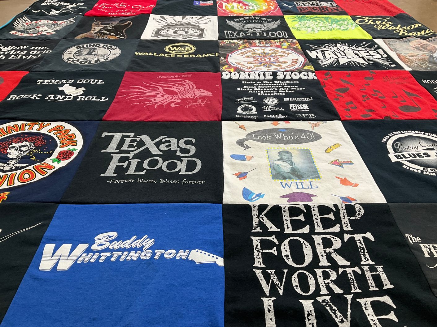 T-shirt quilt with live music, blues music themes by Judy from TX