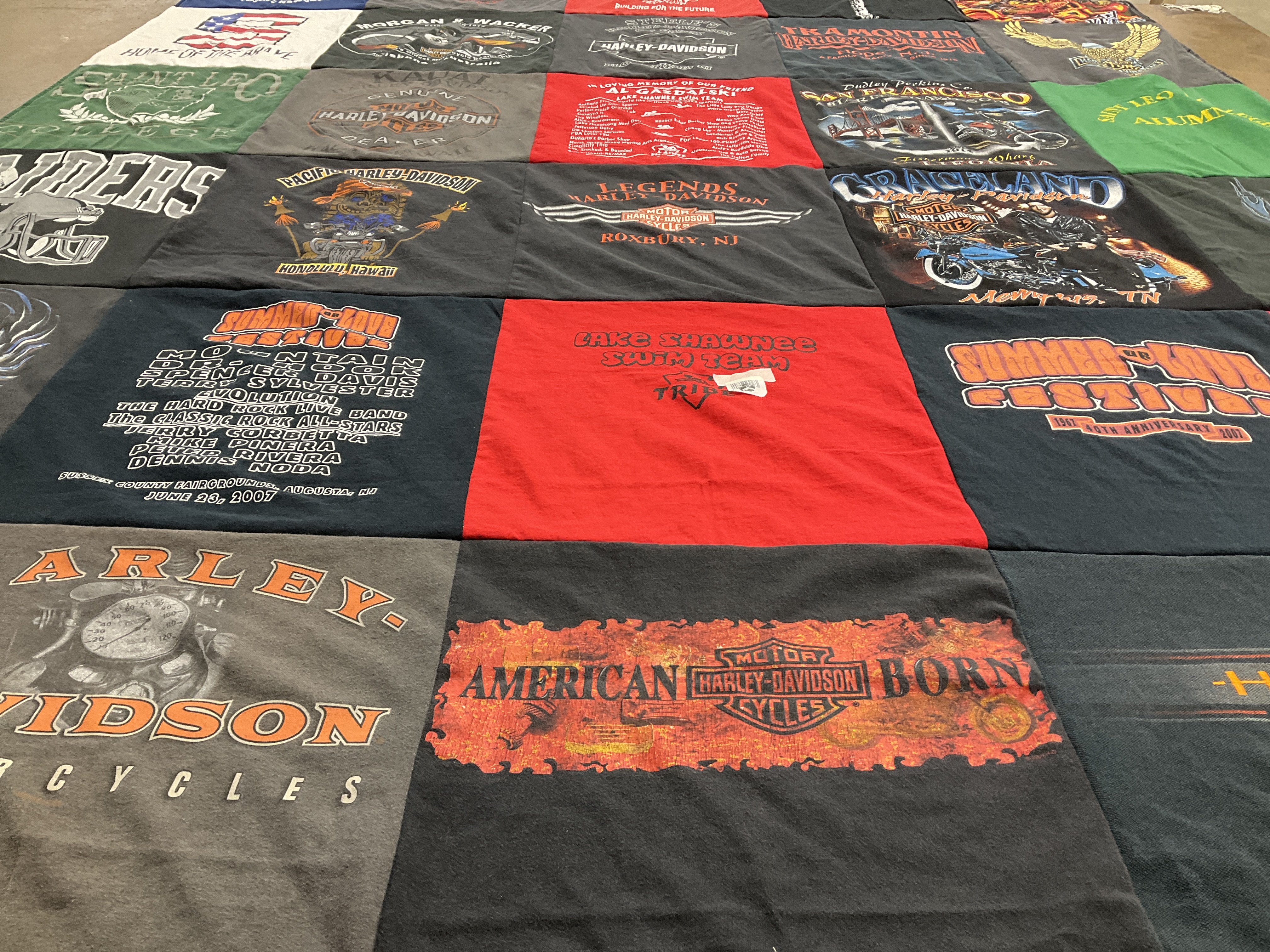 T-shirt quilt with motorcycles, music themes by Lauraine from NJ
