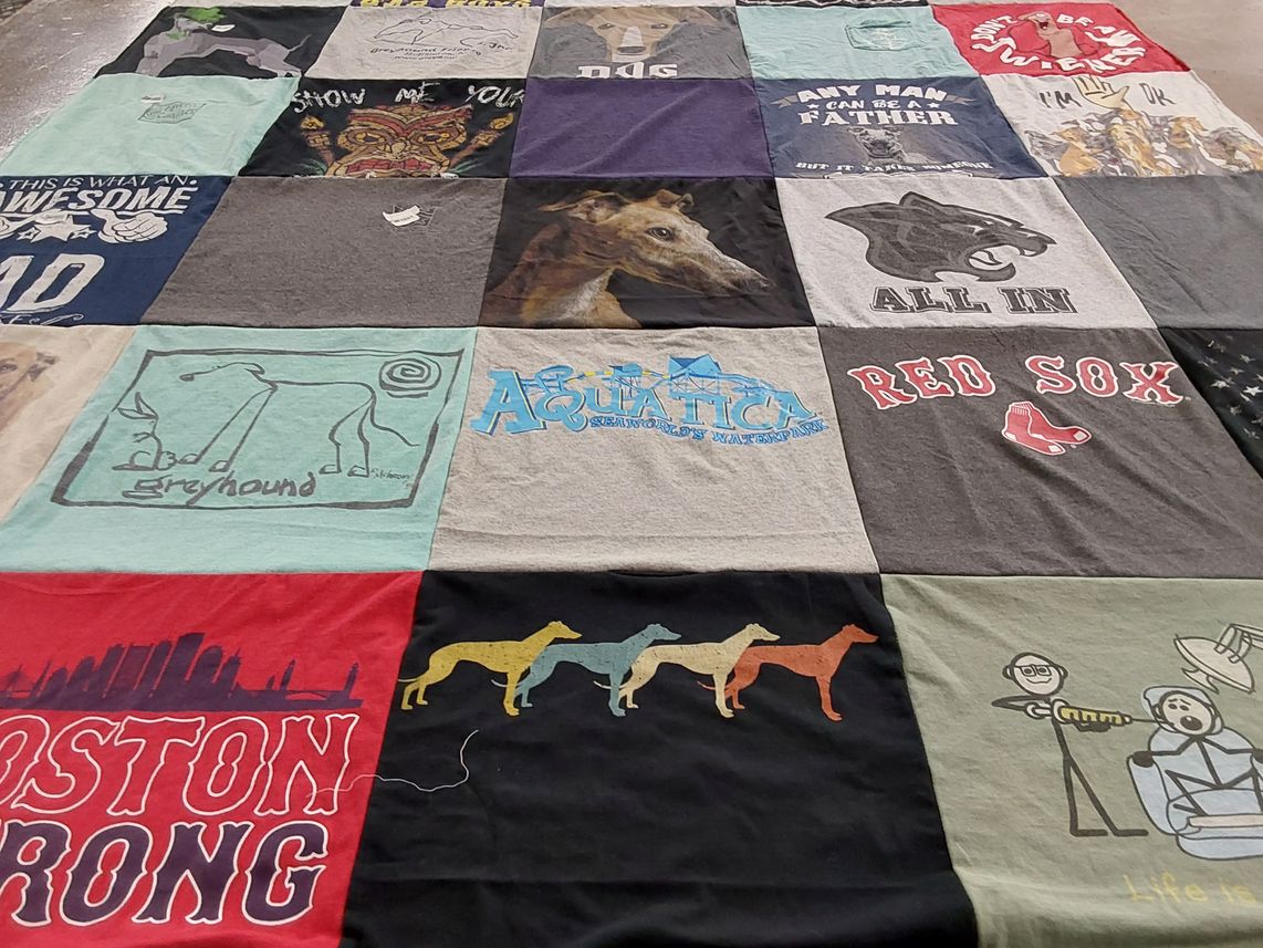 T-shirt quilt with dogs, families themes by Tricia from MA