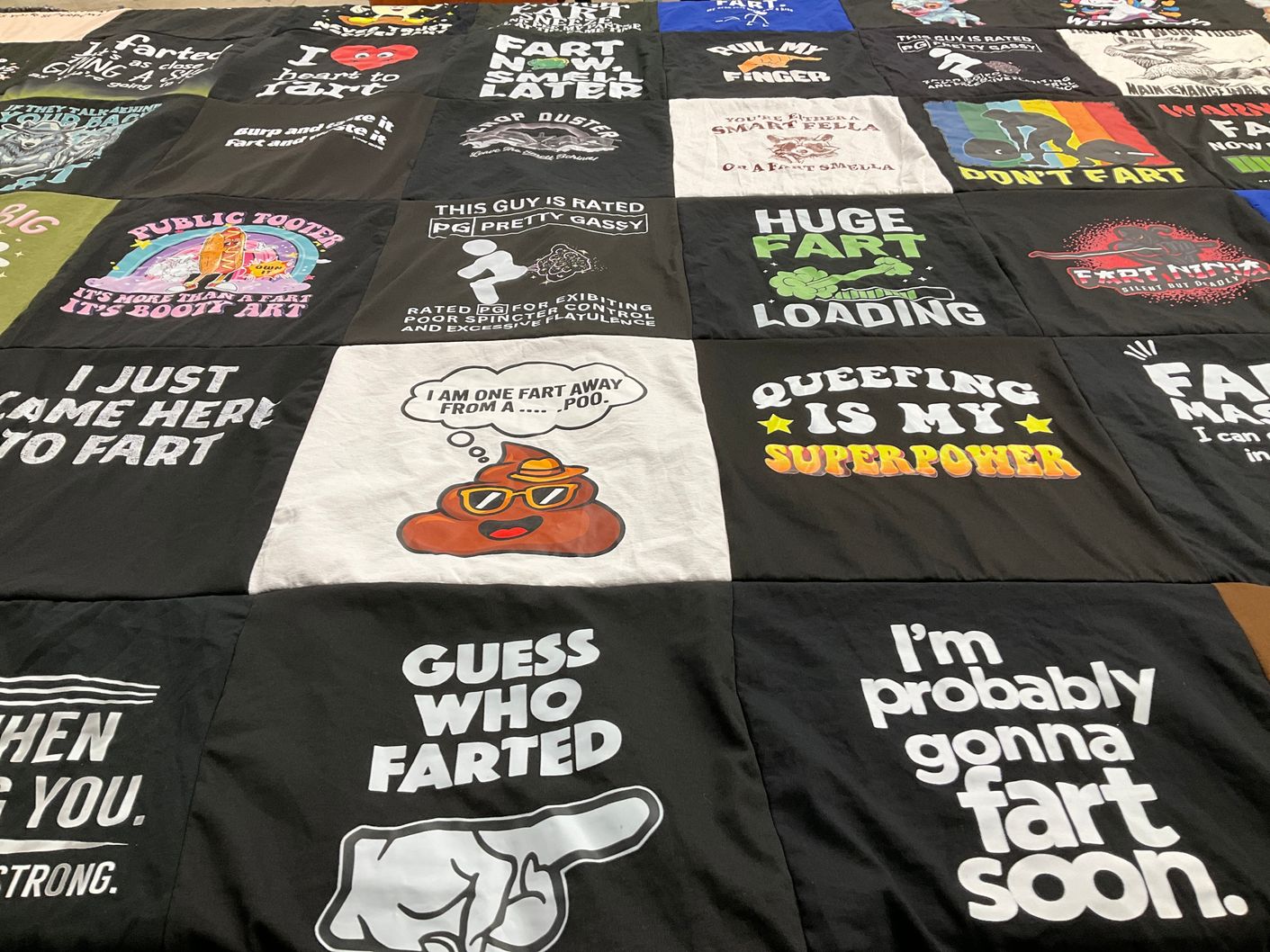T-shirt quilt with humor, puns themes by Kristina from WI