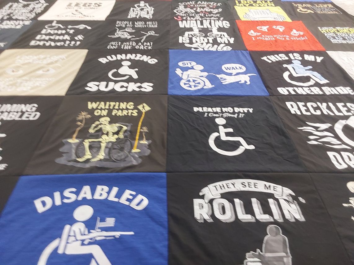 T-shirt quilt with disability awareness, humor themes by Kristina from WI