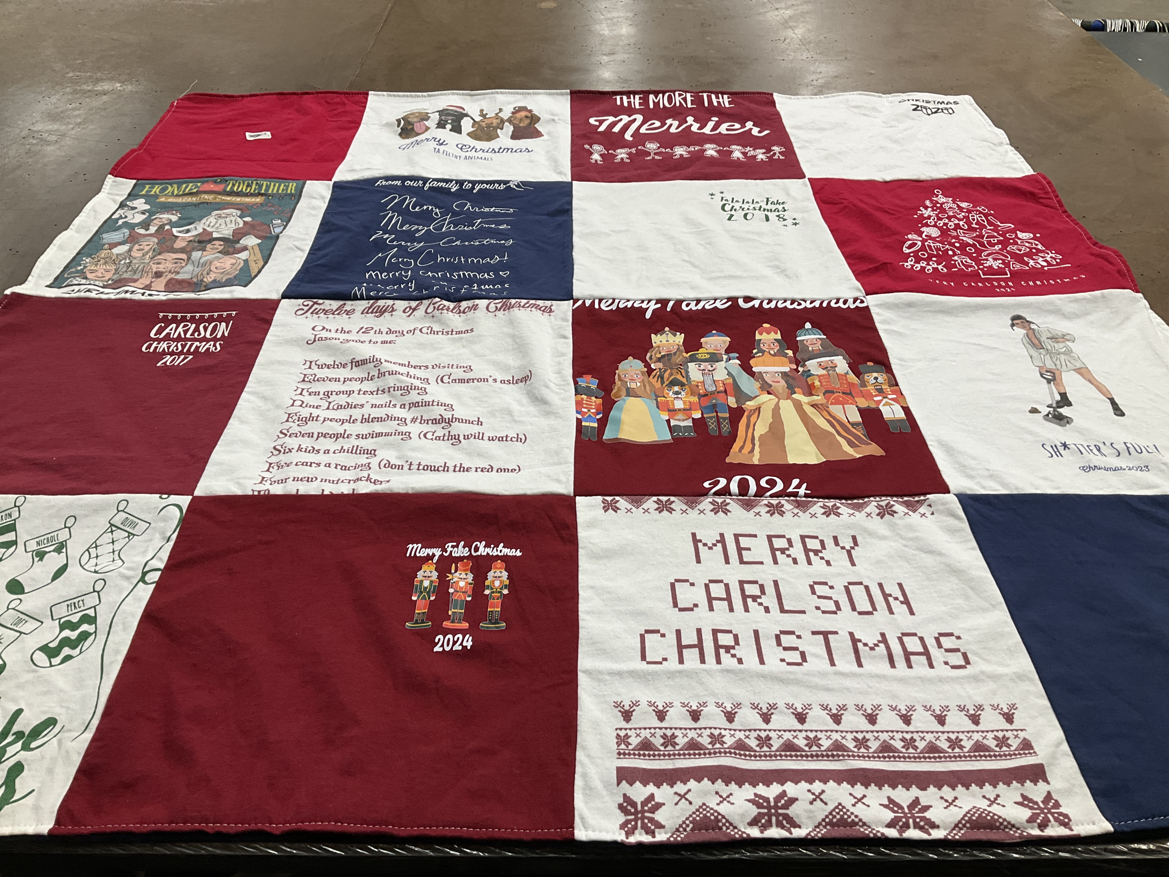T-shirt quilt with family, christmas themes by Cameron from TX