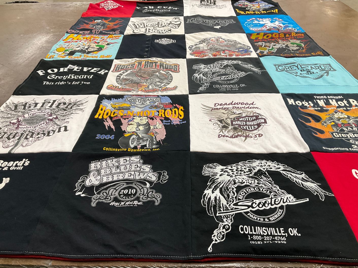 T-shirt quilt with motorcycles, biking themes by Mary from OK