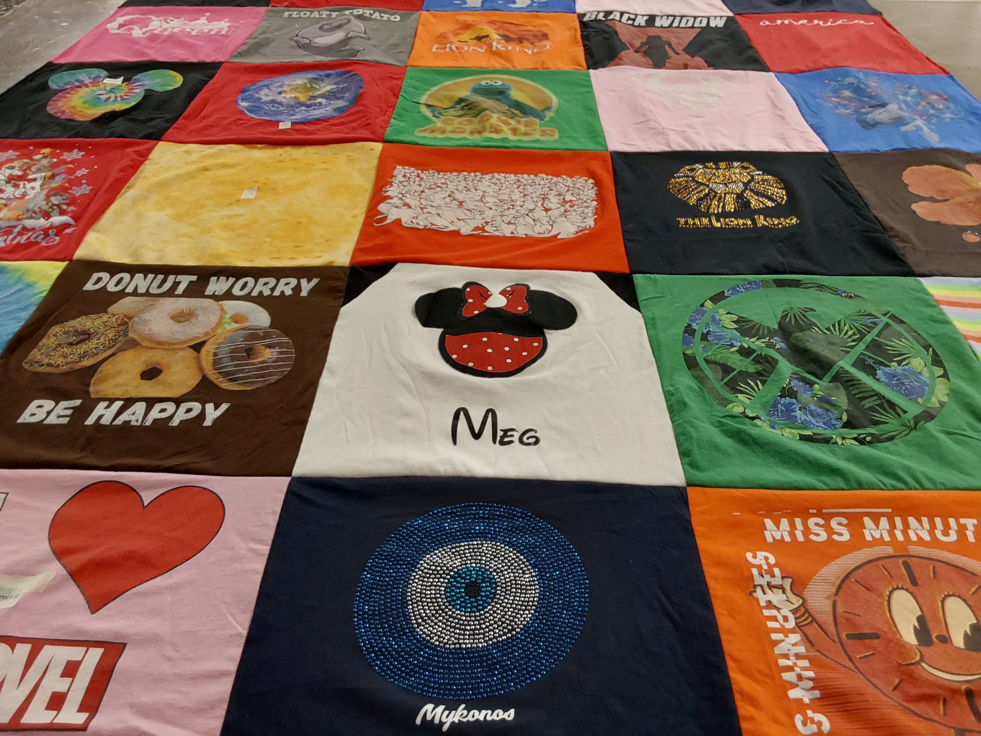 T-shirt quilt with disney, food themes by Emily from ID