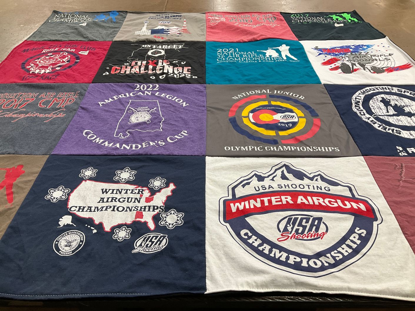 T-shirt quilt with shooting, competitions themes by Christina from AL