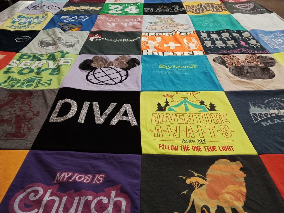 T-shirt quilt with church activities, youth camps themes by Jennifer from AR