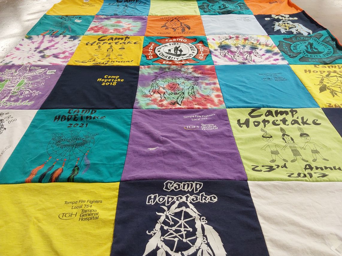 T-shirt quilt with camping, community service themes by Danielle from FL
