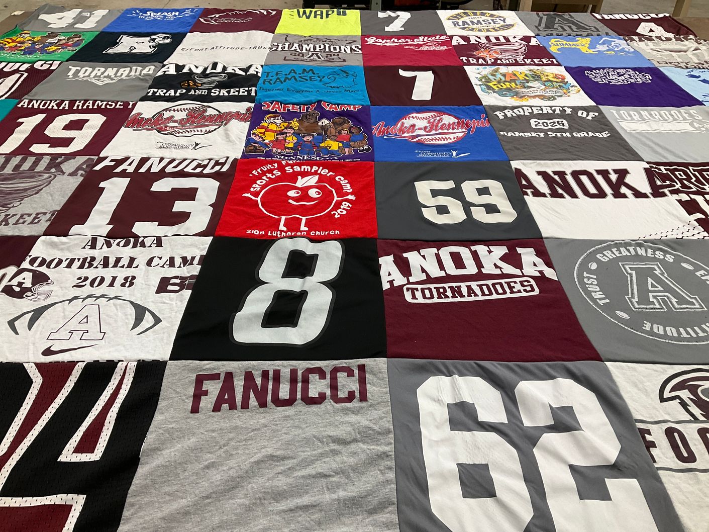 T-shirt quilt featuring anoka tornadoes by Jayme from MN