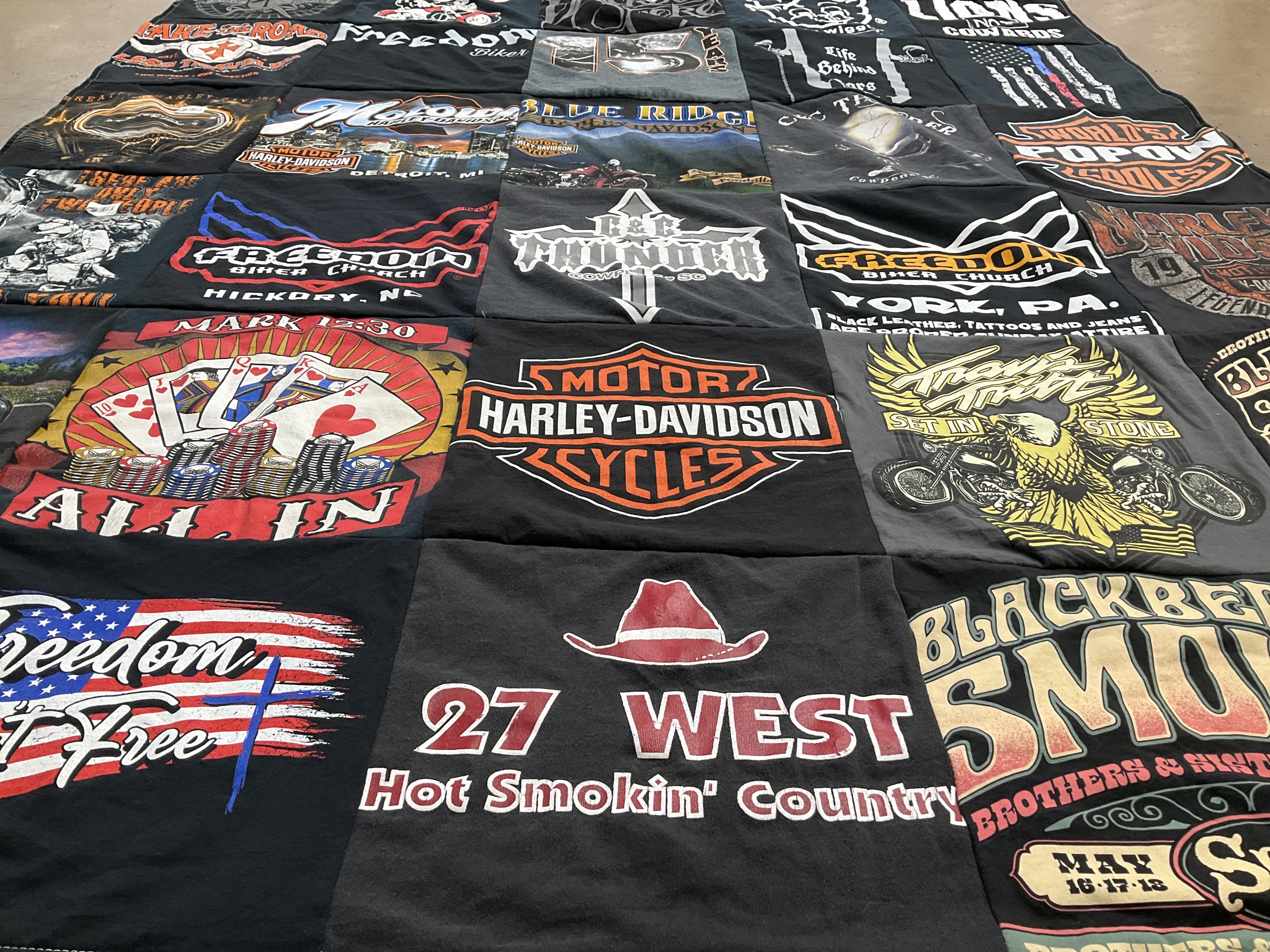T-shirt quilt with motorcycling, biking themes by lisa from NC