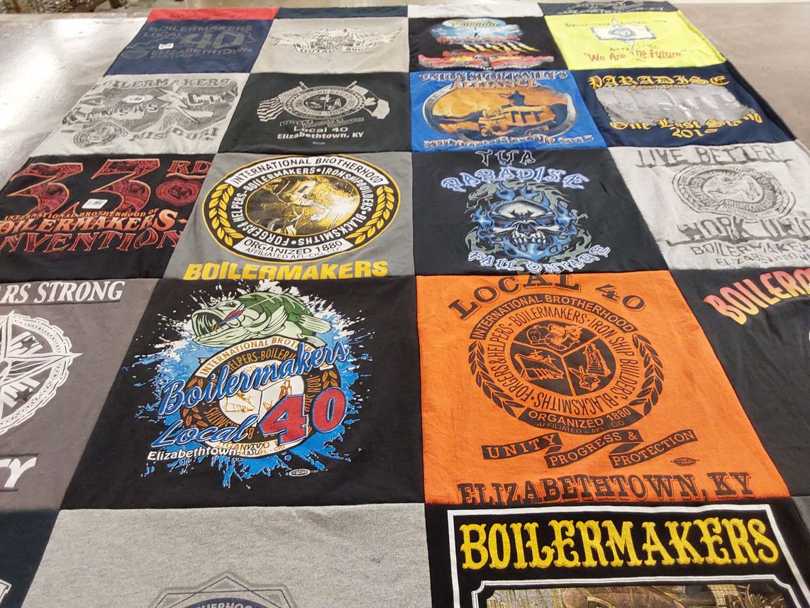 T-shirt quilt with union labor, trade skills themes by Elmore, from KY